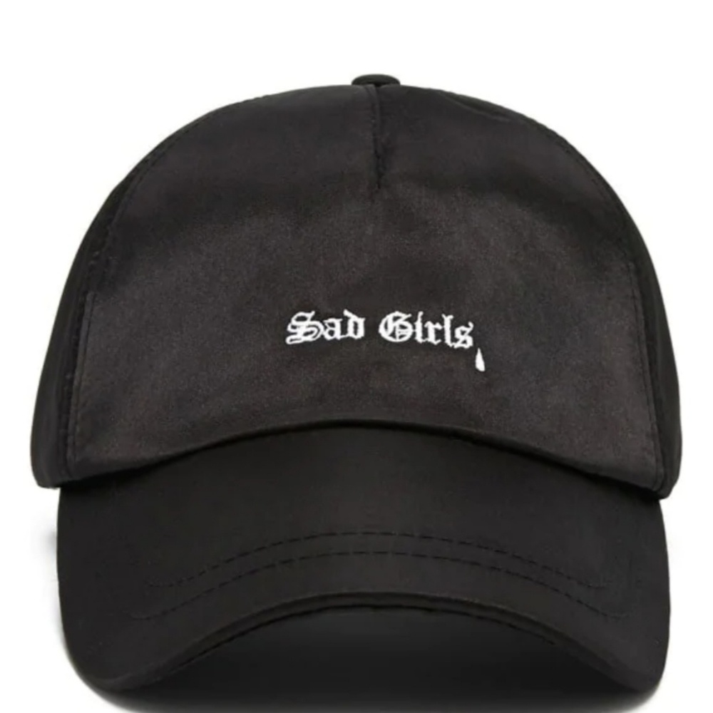 FOREVER 21 Black Satin Embroidered Strapback Hat…